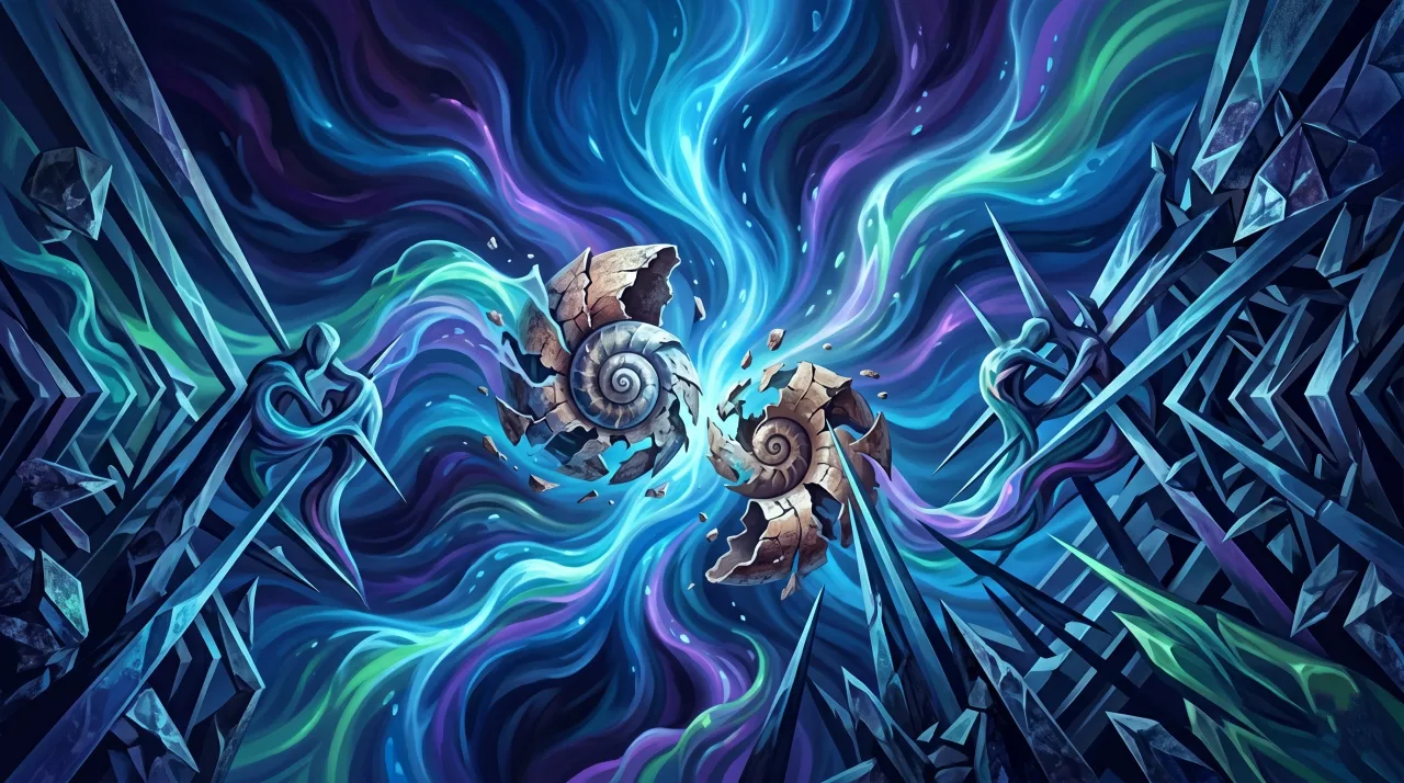 Crystalline cage-like structures compress two cracking stone nautilus shells amidst swirling blue and purple energy currents.