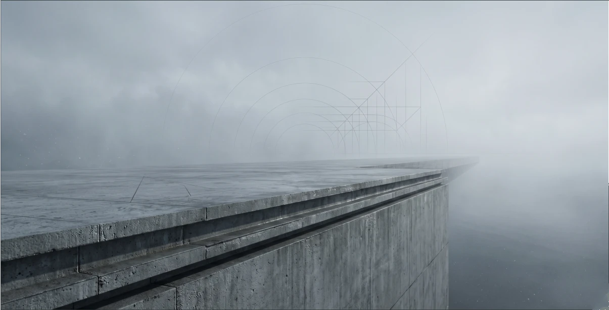 A high-contrast slate gray and minimalist architectural drawing of a solid concrete plateau meeting an expansive misty sky, symbolizing the stark boundary and structural friction between Earth and Air elements in a relationship